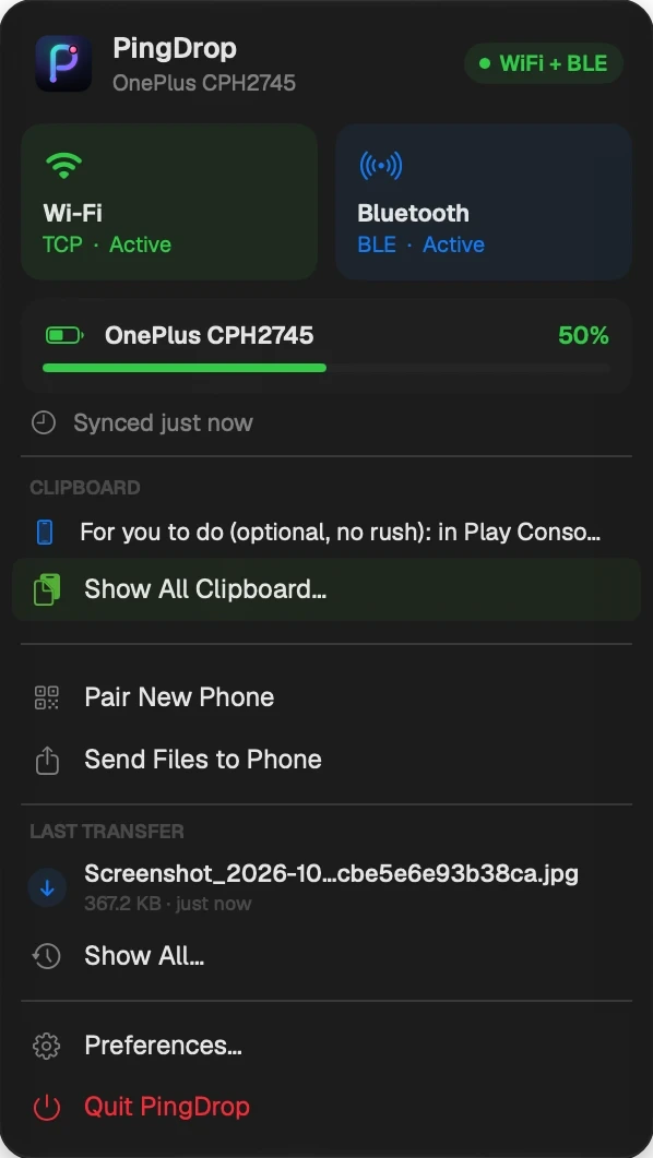 PingDrop's menu bar panel