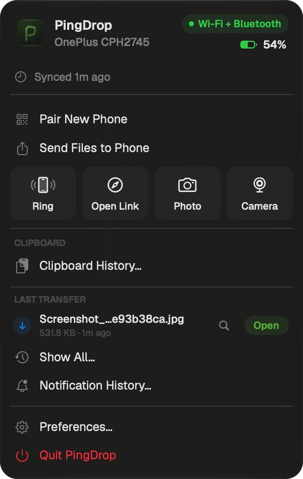 PingDrop's menu bar panel
