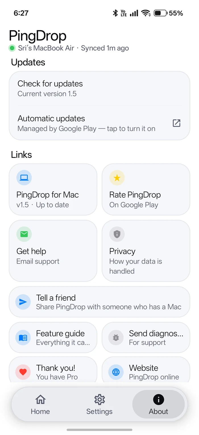 PingDrop About tab: version 1.5, PingDrop for Mac up to date, help, Feature guide and Send diagnostics
