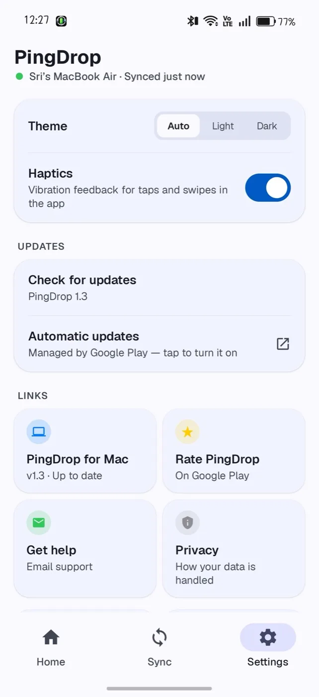 PingDrop Settings tab: theme, haptics, updates and links