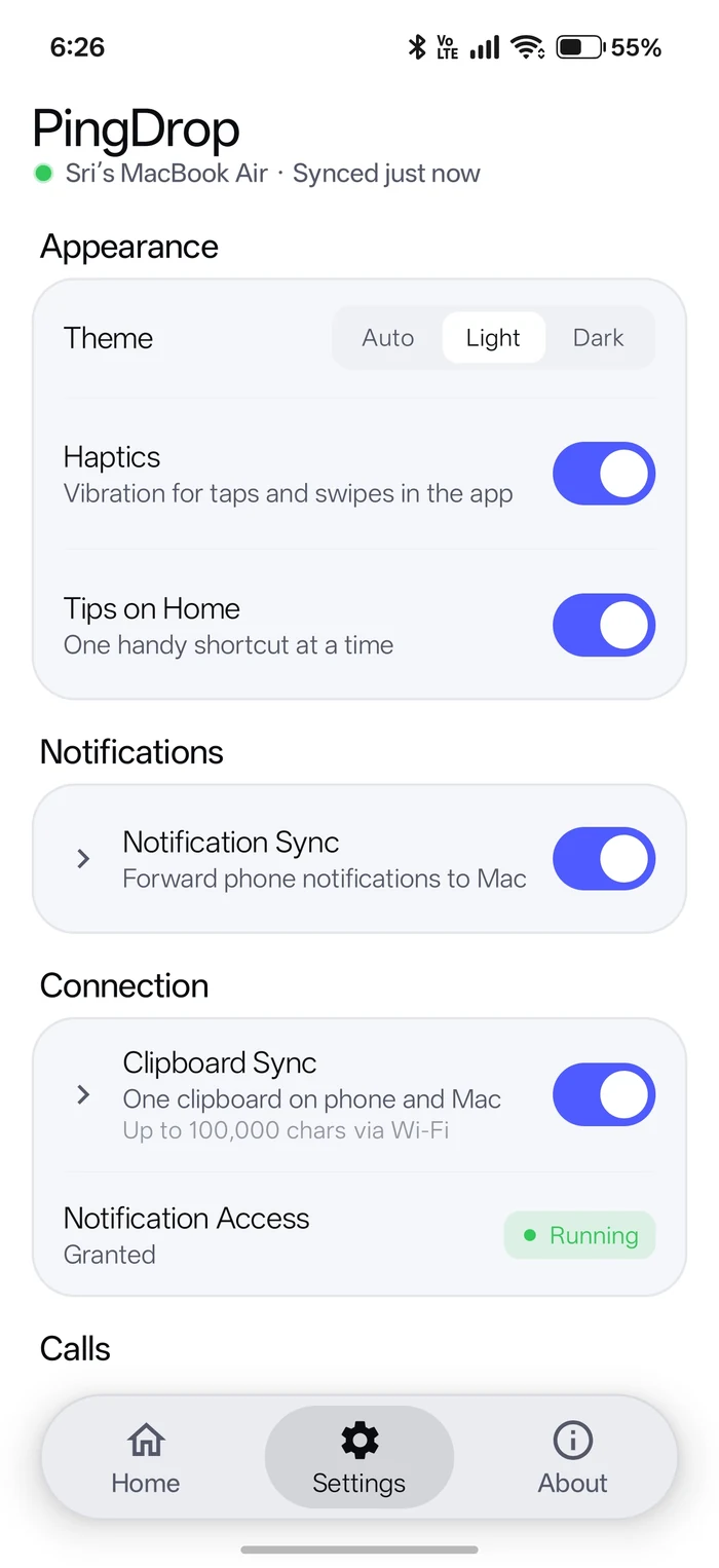 PingDrop Settings tab: theme, haptics, notification sync and clipboard sync
