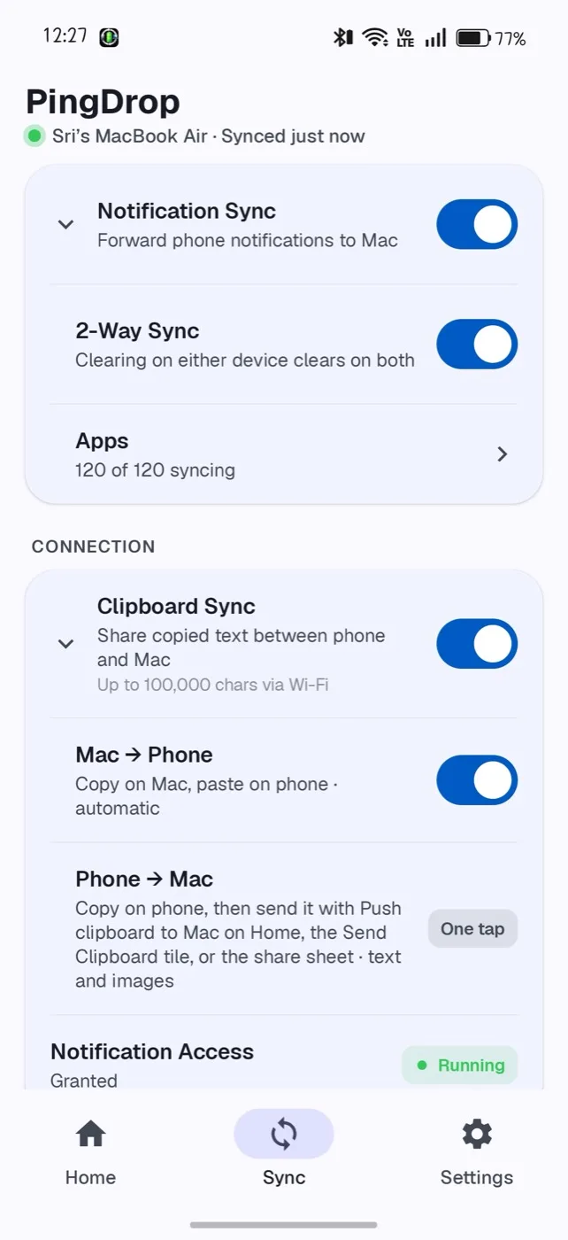 PingDrop Sync tab: notification sync, 2-way sync and clipboard switches